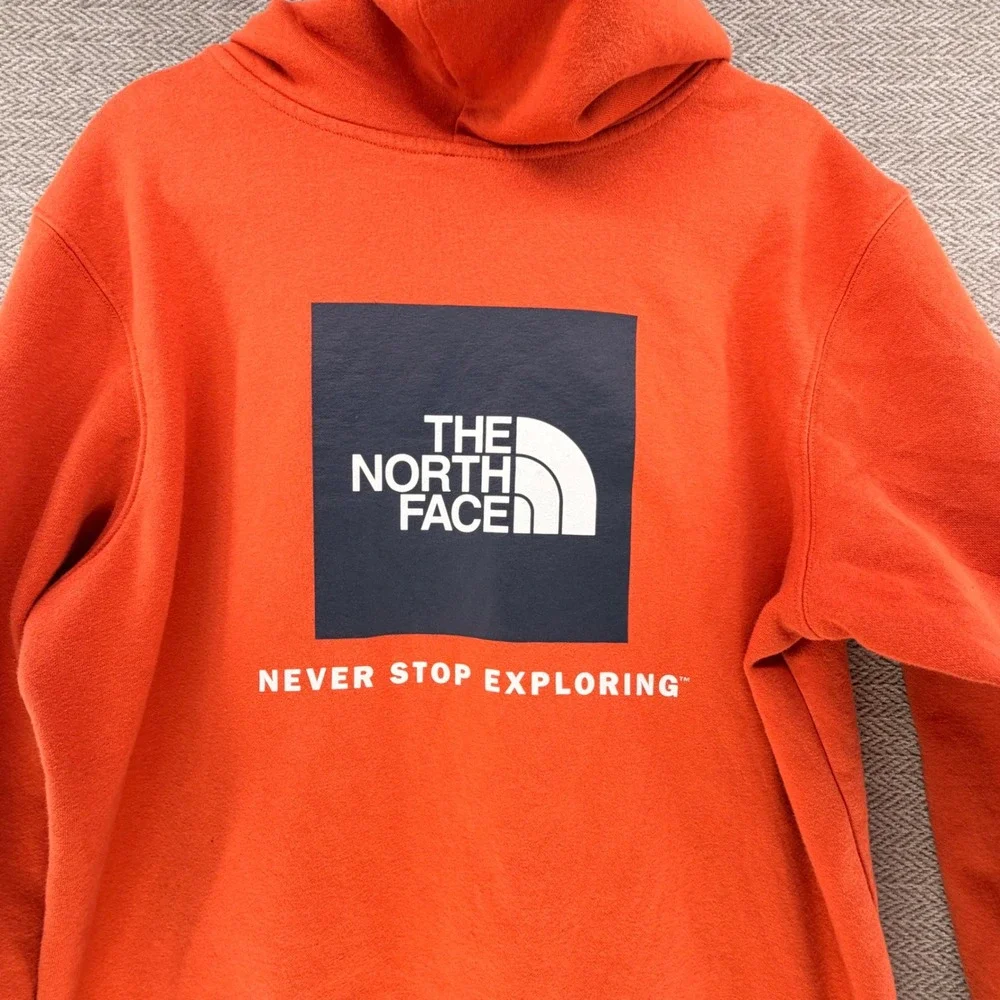 The North Face Mens Box Logo Hoodie Orange Never Stop Exploring Large Pullover